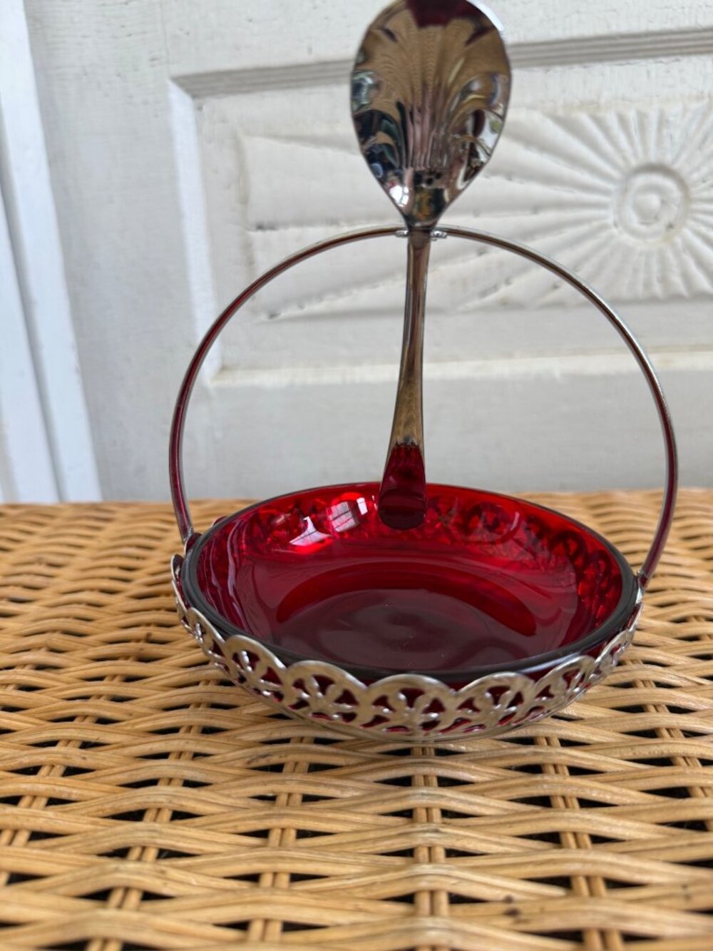 Vintage 1950s England Chrome Ruby Red Glass Condiment Dish Clam Shell Spoon - Picture 8 of 10